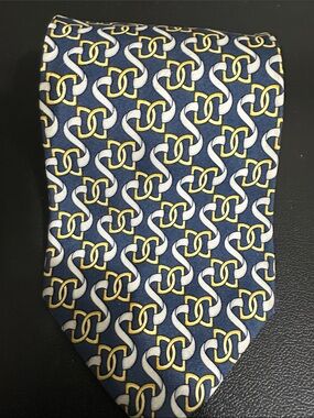 Paolo Gucci, Men's Navy Patterned Silk Tie with White and Yellow Chain Motif